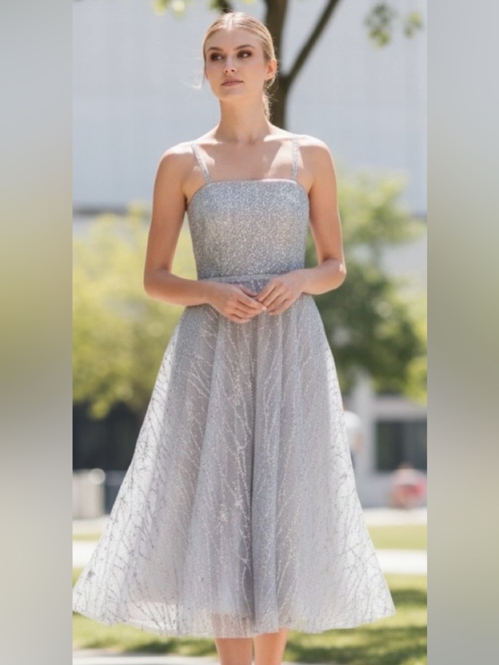 Marchesa Notte Silver Beaded Glitter Tulle Sparkling Tea Length Gown NWT